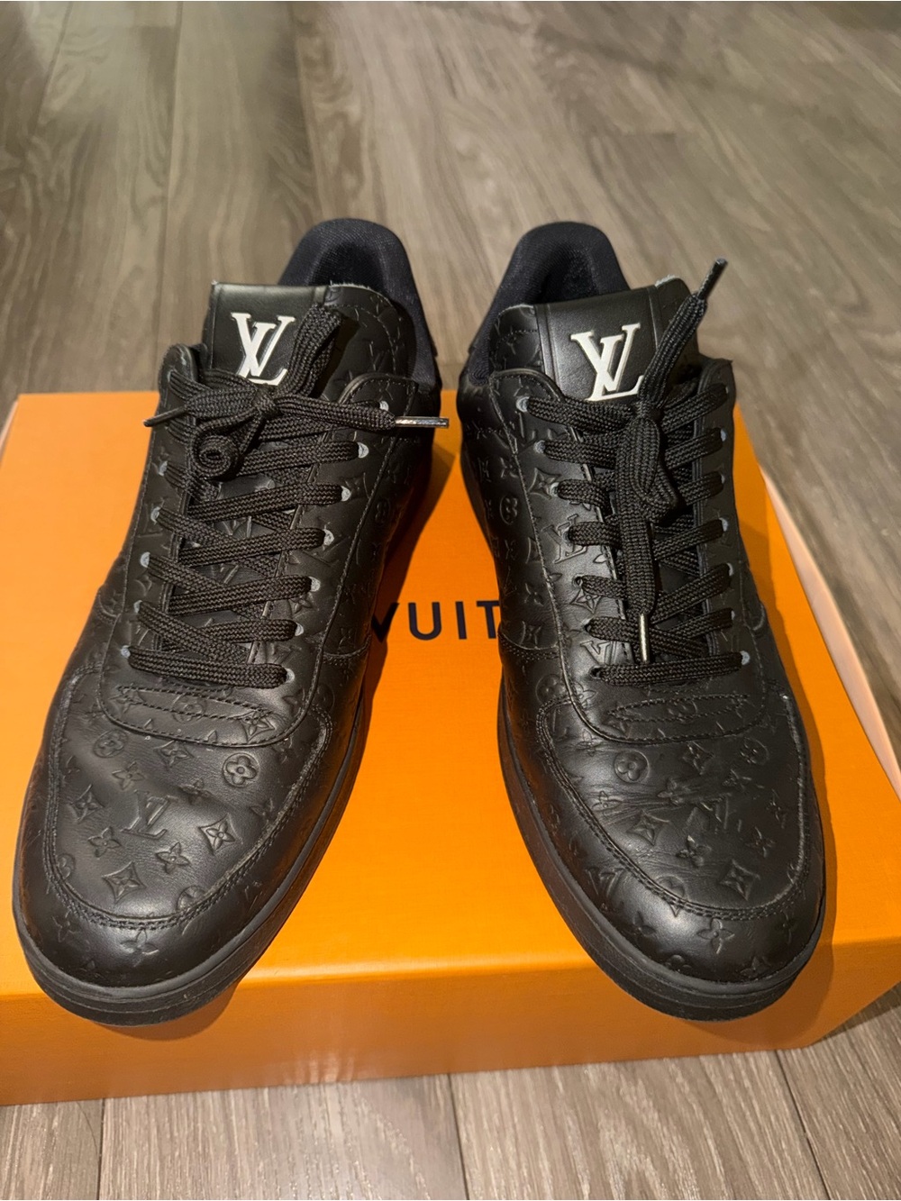 Louis Vuitton Black Monogram Embossed Low-Top Sneakers with White LV Logo